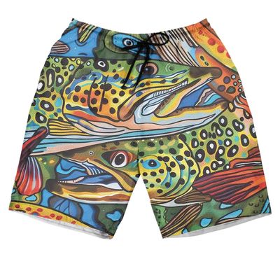 228CLOSET Trout Fishing Men's Swim Trunks - Abstract Fish Hawaiian Shorts for Men, Men's Summer Bathing Shorts Set 32 Size 3XL