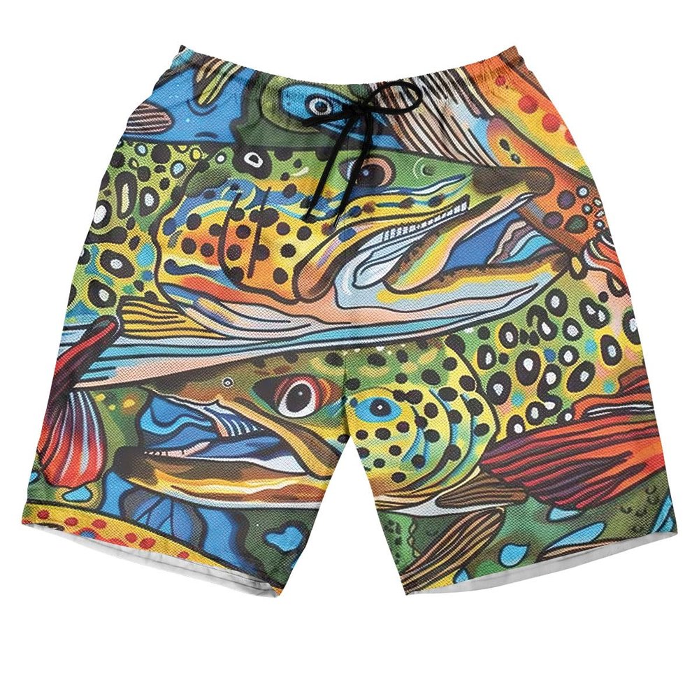 228CLOSET Trout Fishing Men's Swim Trunks - Abstract Fish Hawaiian Shorts for Men, Men's Summer Bathing Shorts Set 32 Size 3XL