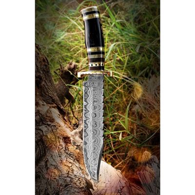 Damascus Bowie Knife, Buffalo Horn & Wood Handle Knife, Fixed Blade Knife, Hunting Knife, Leather Sheath, USA, Black
