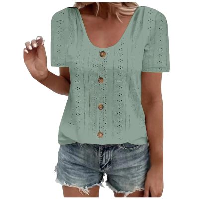 2024 Womens Shirts Trendy Summer Scoop Neck Lace Crochet Eyelet Tops Short Sleeve Casual Button Blouses Plus Size Tee Green
