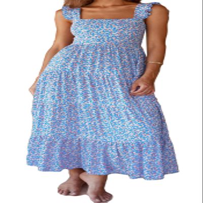 Recious Womens Sexy Sleeveless Square Neck Ruched Printed A-line Party Clubwear Beach Dress Blue