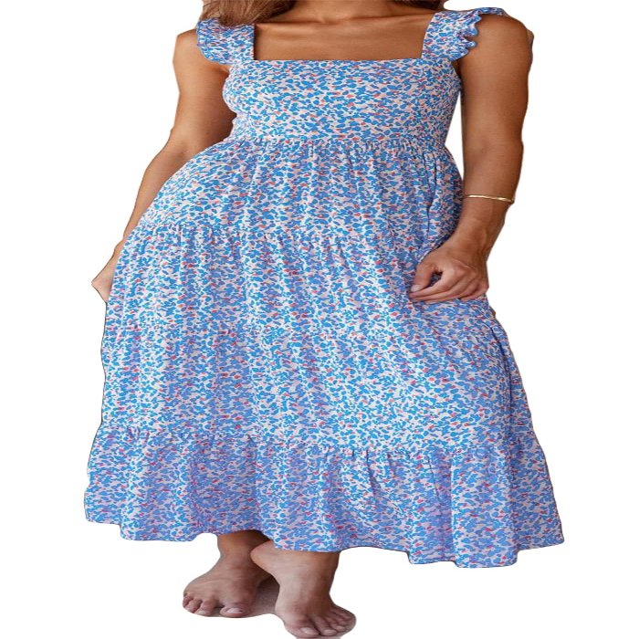 Recious Womens Sexy Sleeveless Square Neck Ruched Printed A-line Party Clubwear Beach Dress Blue