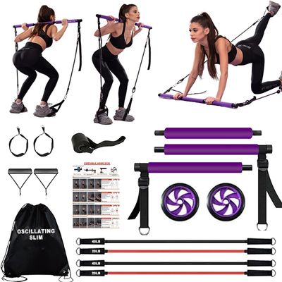 Pilates bar kit Multiple Fitness bar with Resistance Bands, Ab Rollers.Core Strength Training Equipment. Squat Machine for Men and Women.Portable Home Gym Pilates bar kit for Full Body Training Women