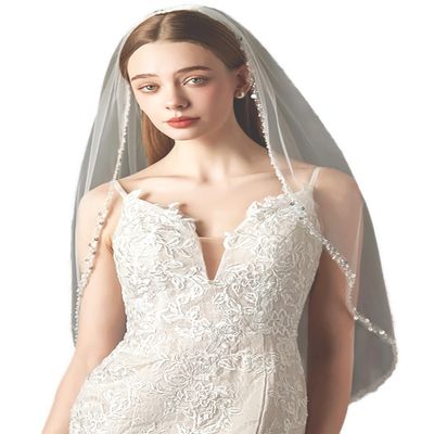 YAEISM Pearl Edge Wedding Veil Sequin Beaded Trim Bridal Veils Elegant Crystal Fingertip Length Bachelorette Party Veil 1 Tier Ivory Tulle Glitter Veils for Brides