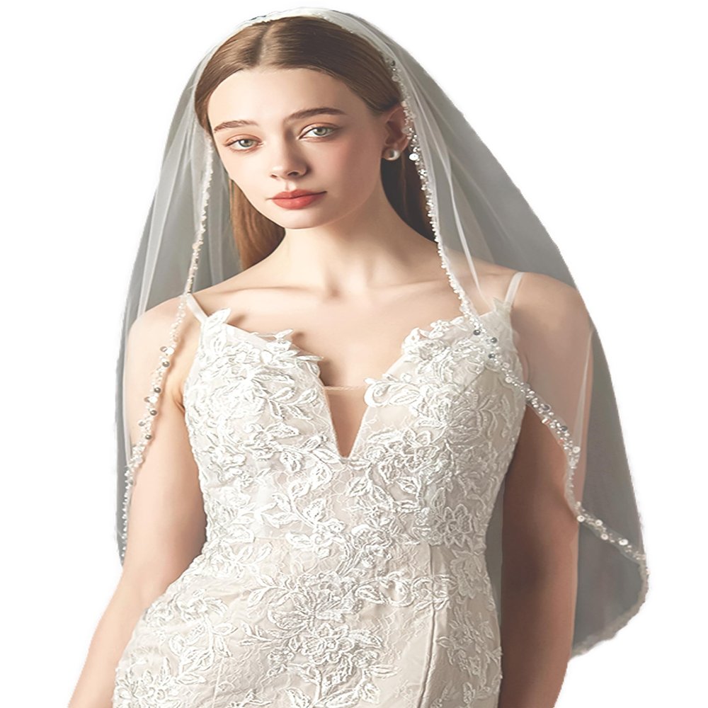 YAEISM Pearl Edge Wedding Veil Sequin Beaded Trim Bridal Veils Elegant Crystal Fingertip Length Bachelorette Party Veil 1 Tier Ivory Tulle Glitter Veils for Brides