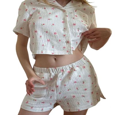 codcm Women's Cute Pajama Set Floral Print Short Sleeve Shirt and Shorts Summer Pj Set(Print,Small)