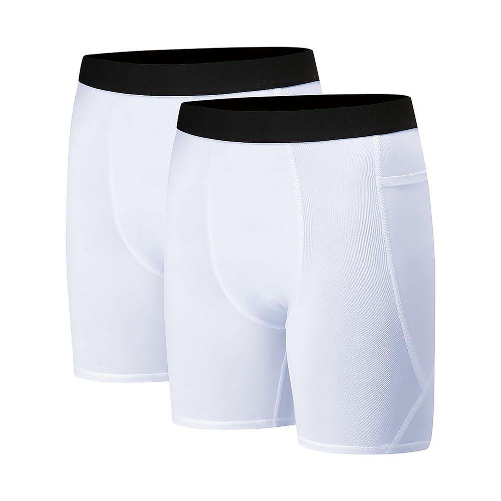 Runceptual Youth Boys' Compression Shorts - Performance Spandex Athletic Underwear for Basketball with Side Pocket (US, Alpha, Small, Regular, 2 Pack:WhiteWhite)