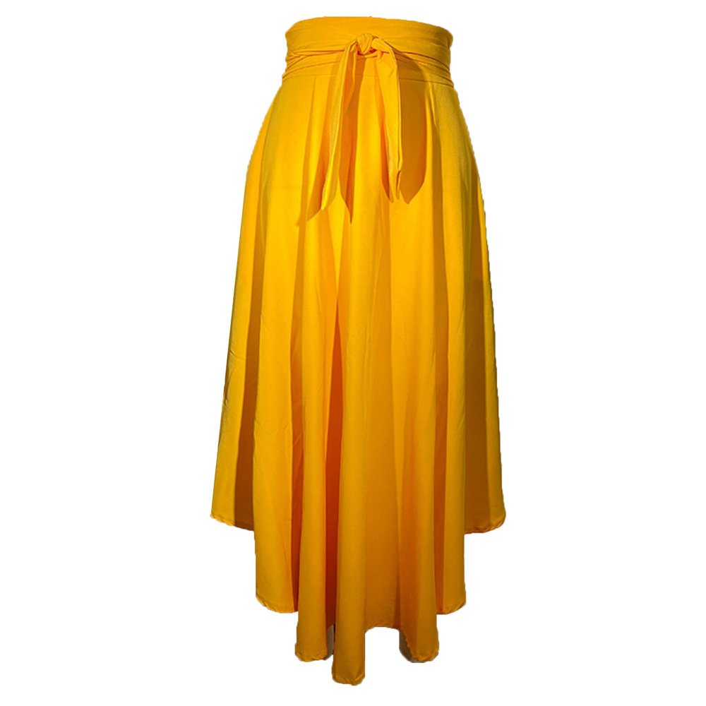 NineFit Basics Women's Elegant High Waist Skirt A-Line Tie Front Pleated Solid Maxi Skirts Chiffon Ruffle Flowy Midi Skirt (Medium,Yellow)