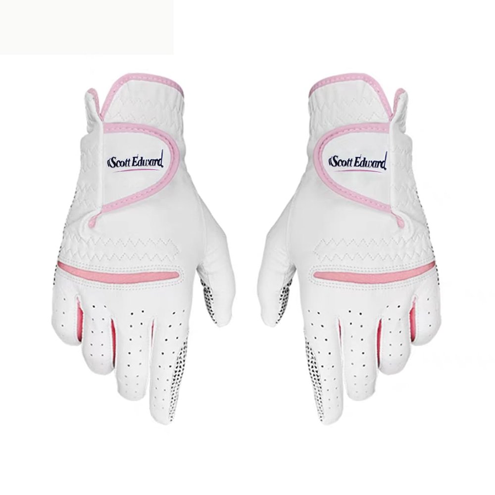 Scott Edward 1 Pair Leather Women's Golf Gloves Both Hand or 2 Pack Left Right Hand, Ladies Sports Gloves, Non-Slip Wear-Resistant Gloves, Breathable, Soft, Enhanced Grip and Comfort (Pink, 19-M)