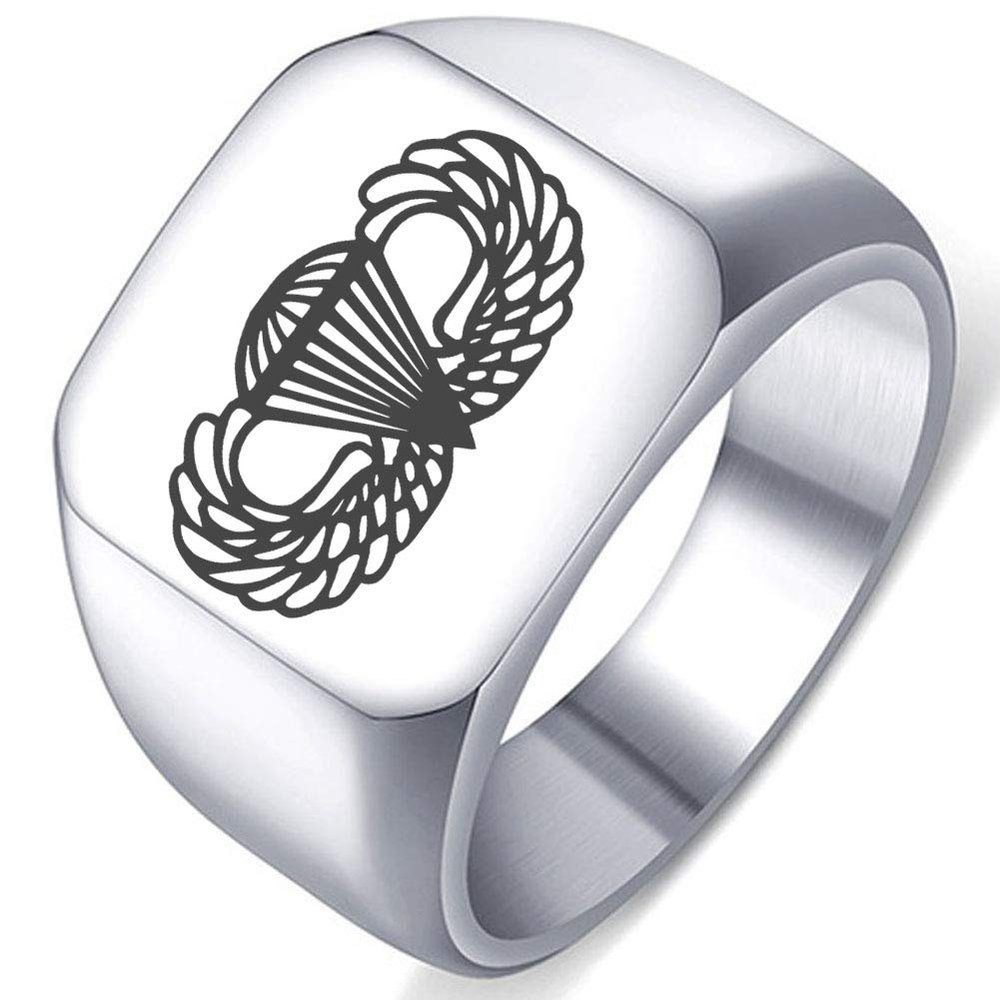 KOVEVE Laser Engraved Silver Airborne 1 Jewelry Mens Malitary Patriotic Ring