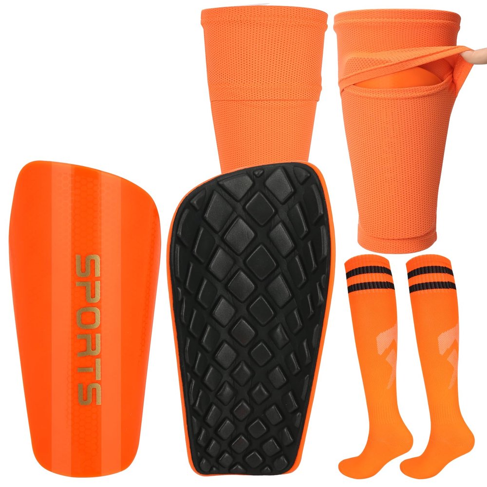 Adegari Soccer Shin Guards for Kids Youth, Protective Soccer Shin Pads & Sleeves with Optimized Insert Pocket & Long Soccer Socks for Children Teens Boys Girls-Orange M