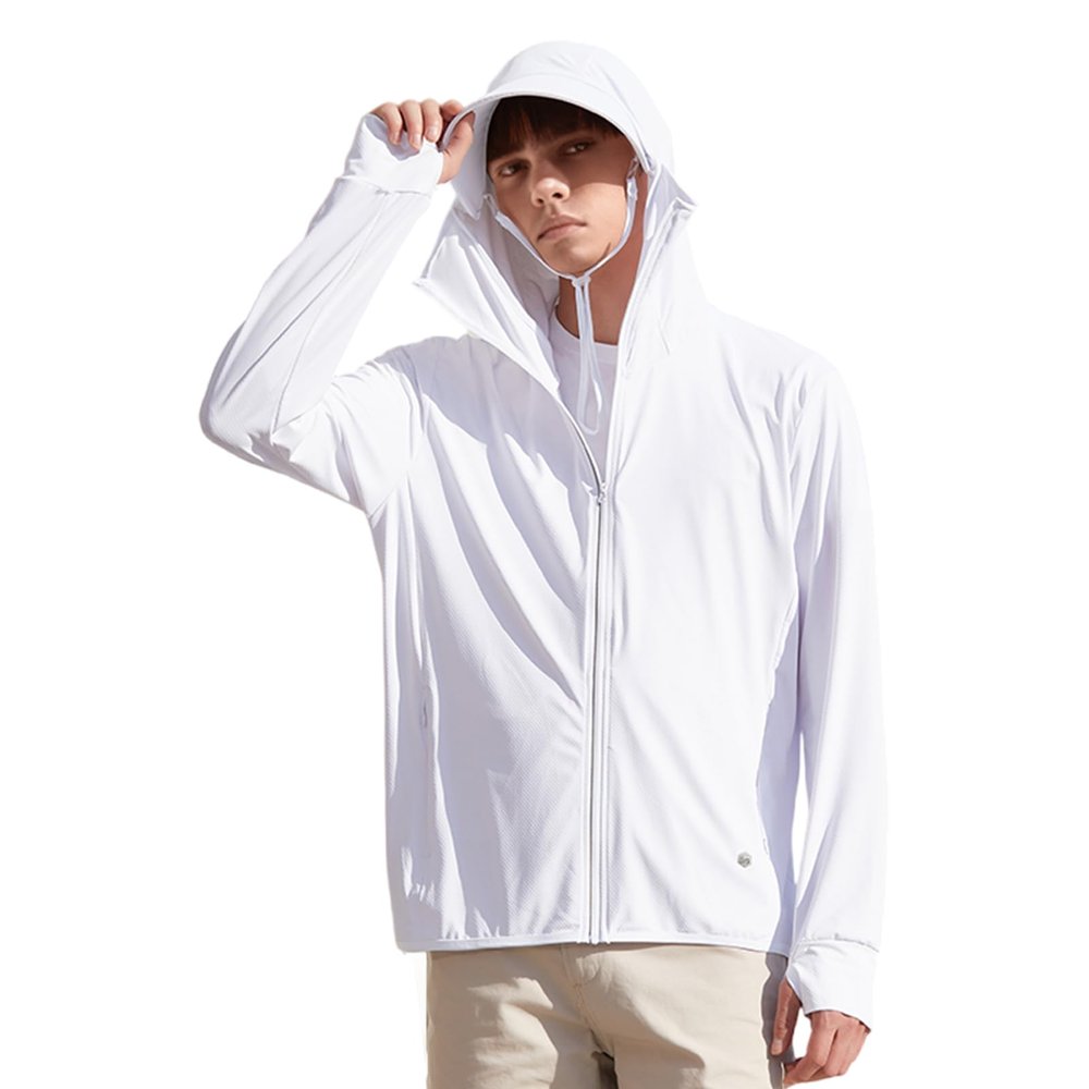 IBIH Men's UPF50+ Sun Protection Hoodie Long Sleeve Thumbhole Elastic Quick Dry Sun Shirts Full Zipper Fishing Jacket,White,Medium