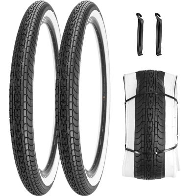 SIMEIQI 26x2.35 Inch Beach Cruiser Bike Tire Black White Wall or Brown Cream Wall Folding Replacement Bicycle Tire for Hybrid City Commuter Trail (Black White 2 Tires 2 Levers, 26x2.35)