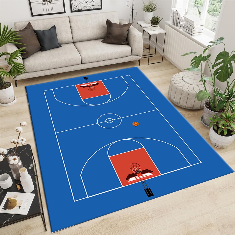 Srocvi Sports Area Rug Basketball Court Pattern Print Floor Mat Funny Girls Boys Education Learning Carpet Blue Foldable Washable Rectangular Rugs for Dining Room Kids Bedroom Playroom Hallway, 5x7ft