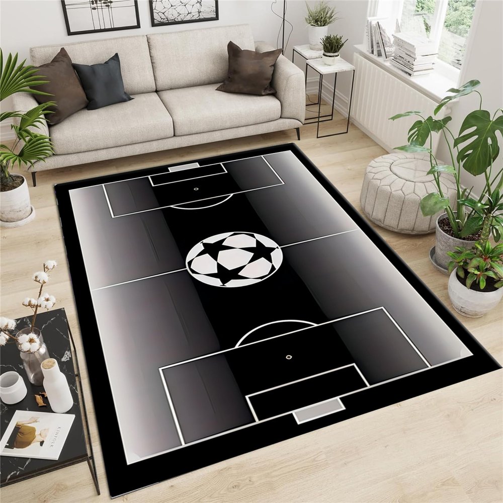 Srocvi Sports Theme Area Rug 3D Basketball Print Court Design Carpets White and Black Non-Skid Washable Doormat Foldable Baby Crawling Mat for Classroom Kitchen Bathroom Study Boys Playroom, 3x4ft