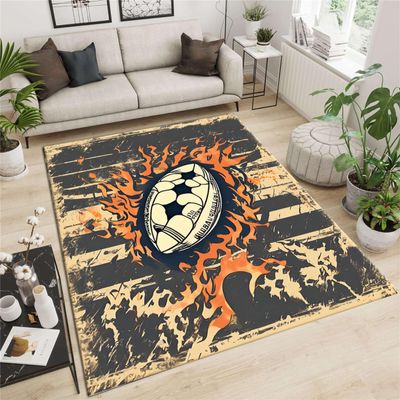 Srocvi Rustic Sport Rug Sports Theme Design Area Rugs with Burning Flames and White Black Stripe Background Vintage Shabby Kids Gaming Decor Carpet for Nursery Bedsides Girls Bedroom, 3x5ft