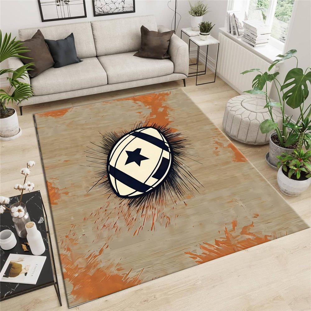 Srocvi Ball Print Area Rug American Football Decorative Mats Rustic Retro Lodge Style Playroom Home Decor Floor Mat Non-Slip Washable Carpet for Living Room Bedroom Entrance Kitchen Rugs, 4x5ft