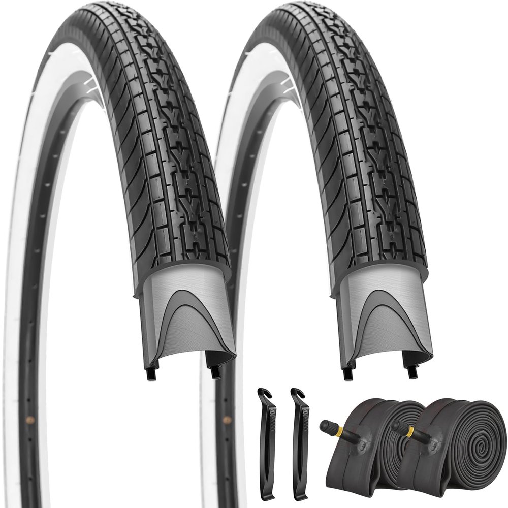 SIMEIQI 26x2.35 Inch Beach Cruiser Bike Tire Black White Wall or Brown Cream Wall Folding Replacement Bicycle Tire for Hybrid City Commuter Trail (Black White 2 Tires 2 Tubes 2 Levers, 26x2.35)