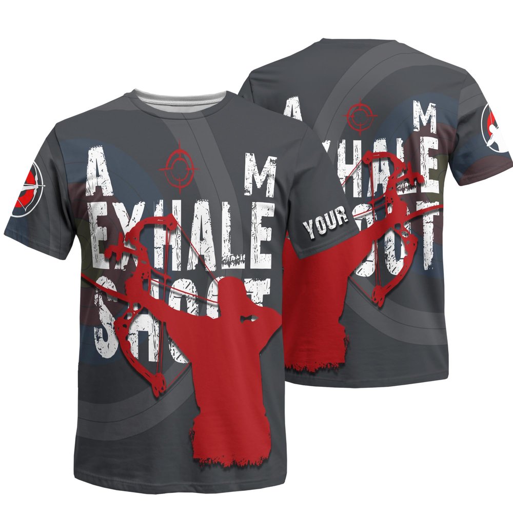 NineFit Basics Design Your Own Archery Short Sleeve Tshirt Print Aim Exhale Shoot Top with Compound Bow Graphic On it for Archer, X-Large