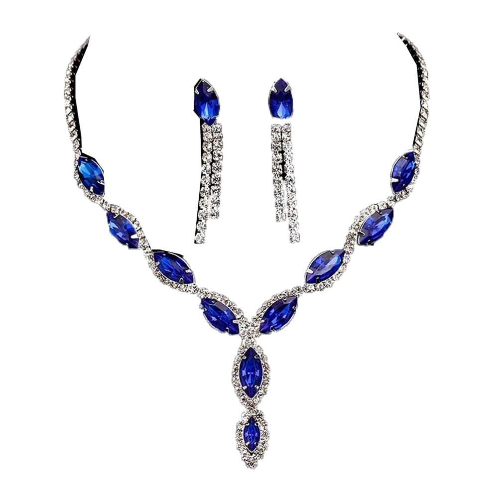 NineFit Basics Fashion Blue Crystal Prom Wedding Jewelry Set Women Accessories Flower Tassels Necklace Earrings Bridal Jewelry Set, ATZ22032blue