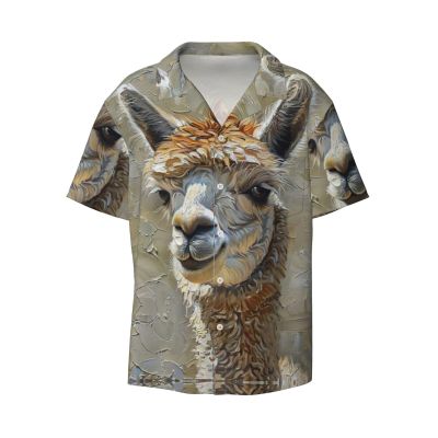 Alpaca Llama Men's Casual Shirts Short Sleeve Regular Fit Fashion Camp Beach Shirts Tops Black