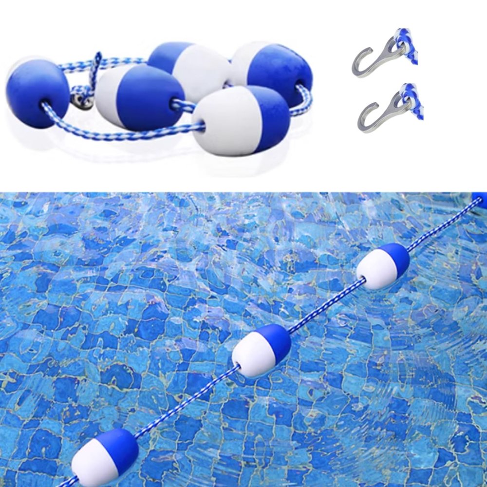 NineFit Basics Swimming Pool Safety Floating Buoy Line, Bi Tone Floating Line with 2 Pre Assembled Stainless Hooks, Blue White Floats Rope Kit, 60m/196.8ft