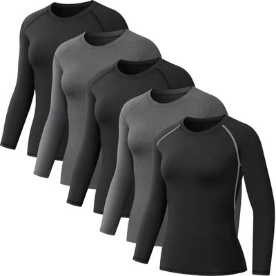 NebuKinex 5 Pack Women's Compression Shirt Long Sleeve Workout Tops Athletic Baselayer Quick Dry Gym Yoga Running T-Shirt 3Black/2Grey S