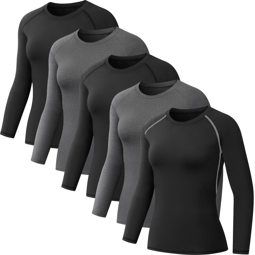 NebuKinex 5 Pack Women's Compression Shirt Long Sleeve Workout Tops Athletic Baselayer Quick Dry Gym Yoga Running T-Shirt 3Black/2Grey S