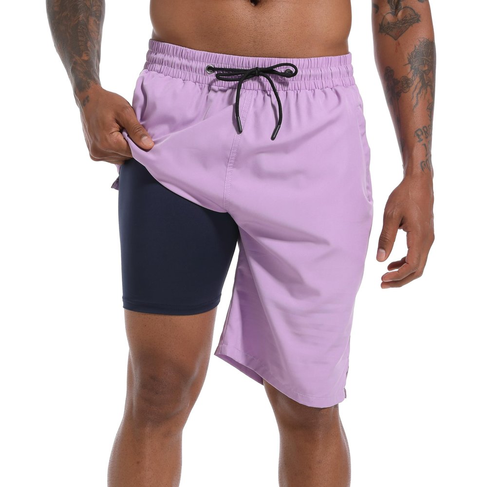 FT FENTENG Mens Swim Trunks with Compression Liner, Men Bathing Suit Swimming Trunks 9 Inch Inseam Board Shorts Men's Swimwear with Zipper Pockets, 4 Way Stretch Beach Shorts Quick Dry Swimsuits, L