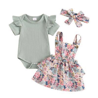 Baby Girl Summer Clothes Ribbed Romper Bodysuit Tops Floral Suspender Layers Skirt Set Infant Toddler Outfit (Green, 0-3 Months)