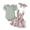 Baby Girl Summer Clothes Ribbed Romper Bodysuit Tops Floral Suspender Layers Skirt Set Infant Toddler Outfit (Green, 0-3 Months) view 1