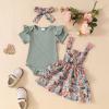Baby Girl Summer Clothes Ribbed Romper Bodysuit Tops Floral Suspender Layers Skirt Set Infant Toddler Outfit (Green, 0-3 Months) view 2