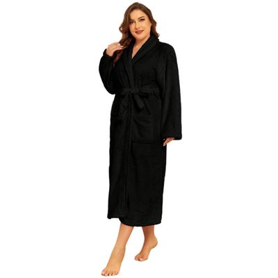 RONGTAI Fleece Womens Bathrobe, Long Plush Robes for Women, Two Side Pockets and Belts, Warm and Cozy (Black, S), Small