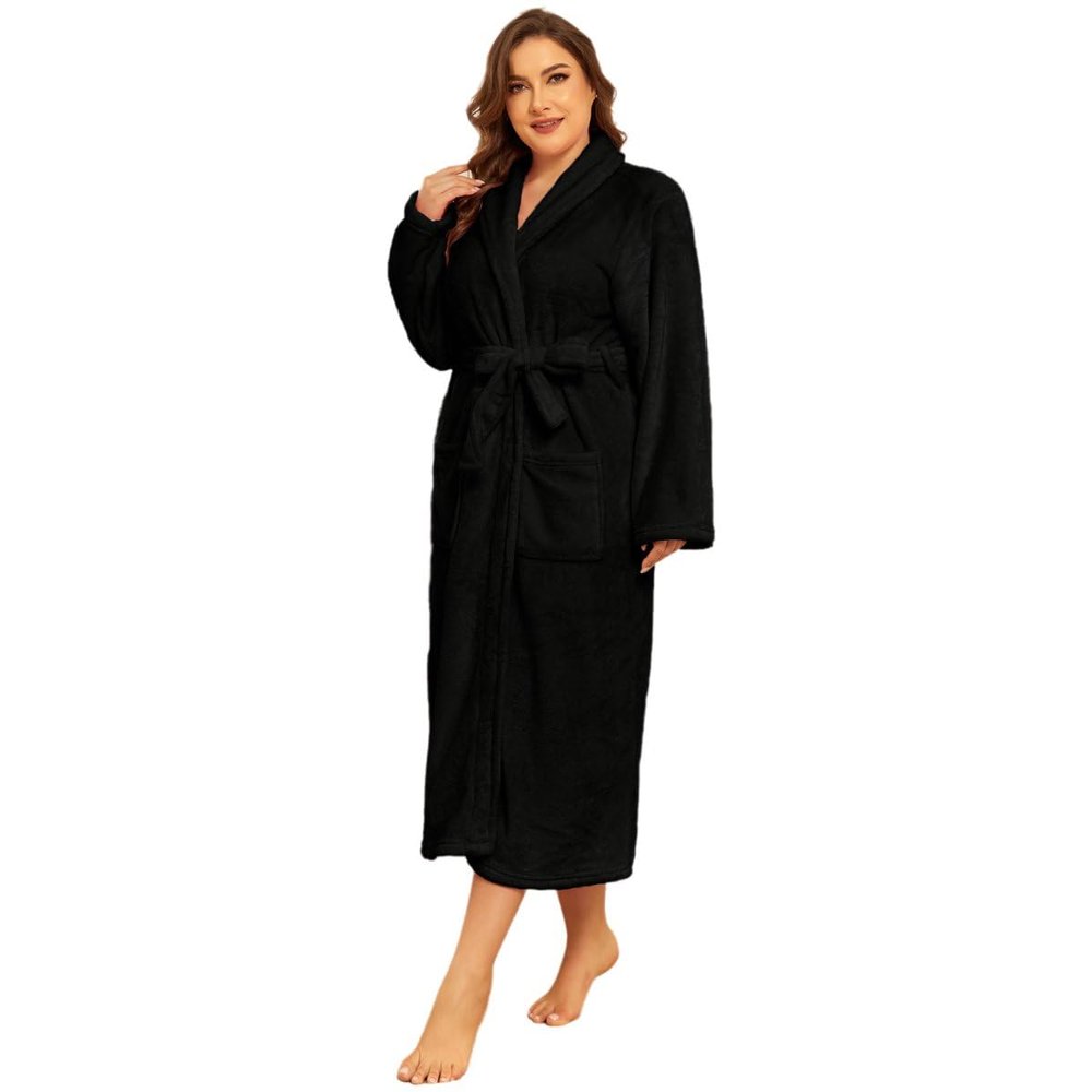 RONGTAI Fleece Womens Bathrobe, Long Plush Robes for Women, Two Side Pockets and Belts, Warm and Cozy (Black, S), Small
