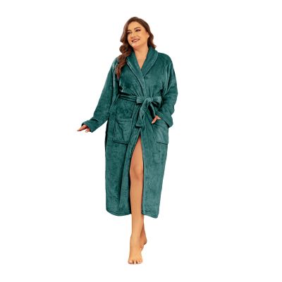 RONGTAI Fleece Womens Bathrobe, Long Plush Robes for Women, Two Side Pockets and Belts, Warm and Cozy (Green, M), Medium