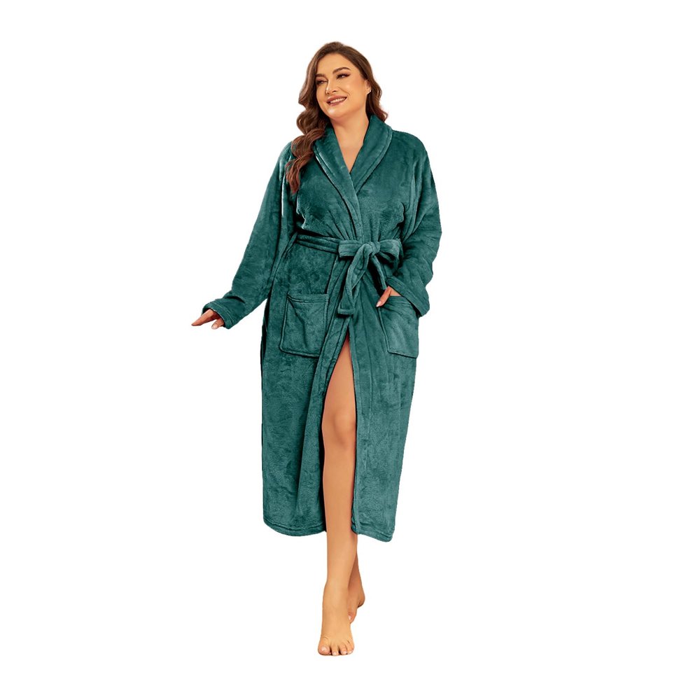RONGTAI Fleece Womens Bathrobe, Long Plush Robes for Women, Two Side Pockets and Belts, Warm and Cozy (Green, M), Medium