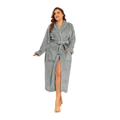 RONGTAI Fleece Womens Bathrobe, Long Plush Robes for Women, Two Side Pockets and Belts, Warm and Cozy (Grey, S), Small