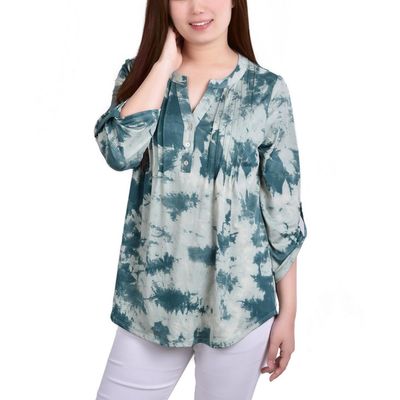 NY Collection NY CoIIection Petite Knit Jacquard 3/4 Sleeve Roll Tab Pintuck Top Seafoam Tiedye PS