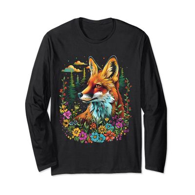 Cottagecore floral Fox with colorful flowers Goblincore Long Sleeve T-Shirt