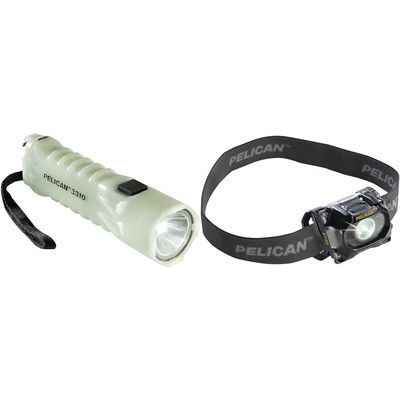 Pelican Emergency LED Flashlight and Headlamp Bundle (3310PL Photo Luminescent Flashlight and 2750C Black Headlamp)