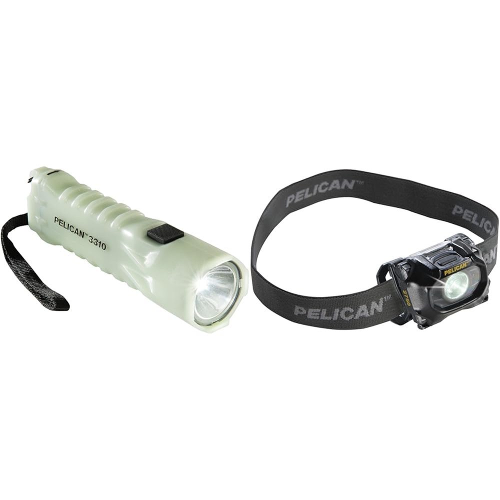 Pelican Emergency LED Flashlight and Headlamp Bundle (3310PL Photo Luminescent Flashlight and 2750C Black Headlamp)