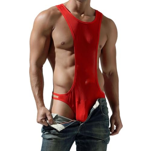 Wayonge Men's Mesh Bodysuit for Training Workout Gym Men's Body suit Transparent Wrestling Singlet Leotard Underwear (Red,X-Large)