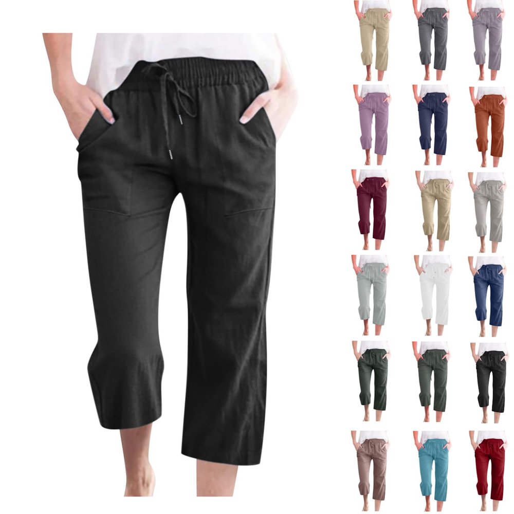 NineFit Basics Capri Pants for Women Women 2024 Summer Casual Drawstring Elastic High Waist Wide Leg Linen Hiking Cropped Yoga Pants, Medium, A01_black