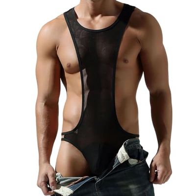 Wayonge Men's Mesh Bodysuit for Training Workout Gym Men's Body suit Transparent Wrestling Singlet Leotard Underwear (Black,Large)