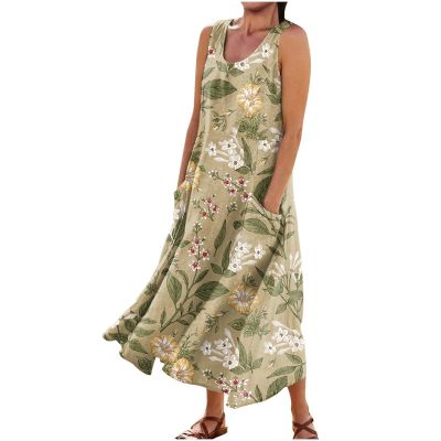 NineFit Basics Sundresses for Women Round Neck Casual Floral Print Long Dress Cotton Linen Beach Flowy Dresses with Pockets Sundress with Sleeves for Women Beach Vacation Pink DressXX-Large,4-Green