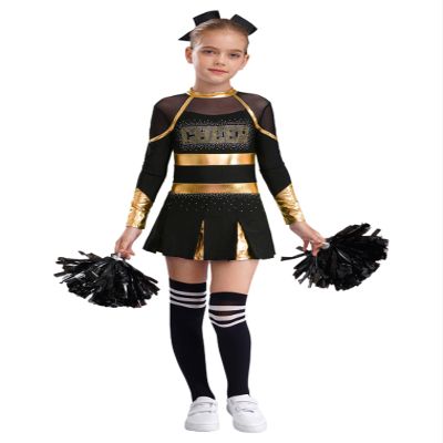 Hularka Girls Cheer Leader Costume Fancy Dress Cheerleading Outfits Long Sleeve Dance Dress and Headwear Pom Pom Socks Gold&Black 14 Years