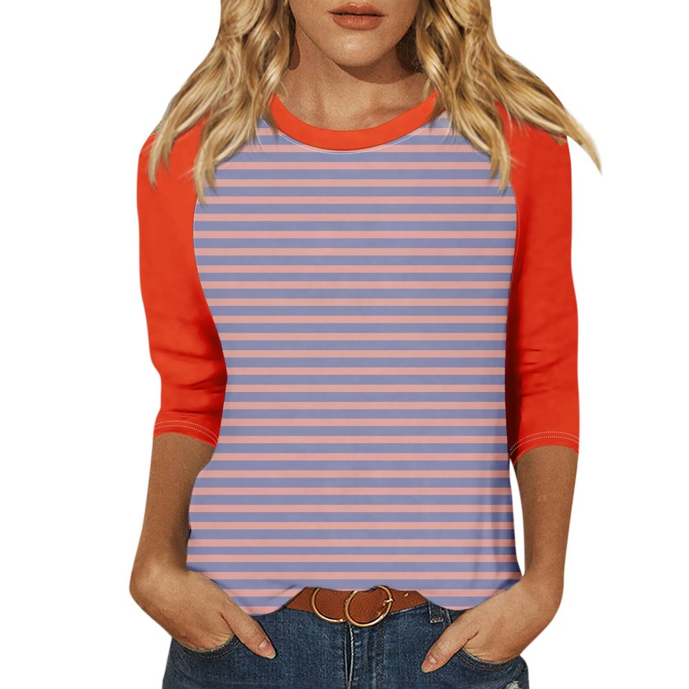 3/4 Sleeve Tops for Women Round Neck Raglan Striped Shirts 2025 Color Block Cute Casual Summer Blouses Trendy Three Quarter Length Sleeve Tunic Tops with Leggings Striped Shirt Women Hot Pink