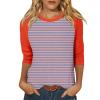 3/4 Sleeve Tops for Women Round Neck Raglan Striped Shirts 2025 Color Block Cute Casual Summer Blouses Trendy Three Quarter Length Sleeve Tunic Tops with Leggings Striped Shirt Women Hot Pink view 1