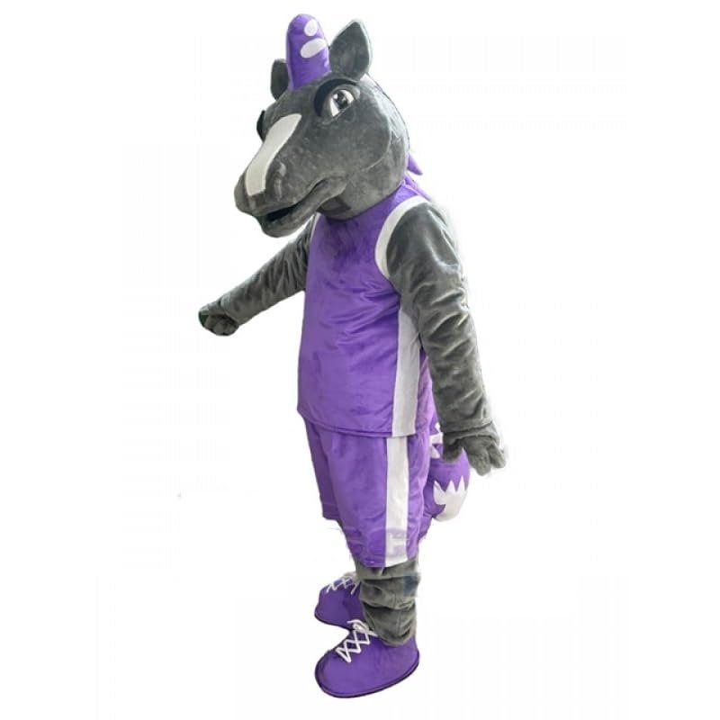 Eye-Catching Gray Mustang Horse Mascot Costume with Stylish Purple Vest - Perfect for Events and Entertainment