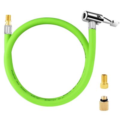 GODESON 31" Tire Inflator Hose Adapter & Converting Nut,Air Chuck with Green Rubber Hose and Presta Valve Adaptor, Schrader Valve Adapter for Tire Pump's Twist On Convert to Lock On Connection